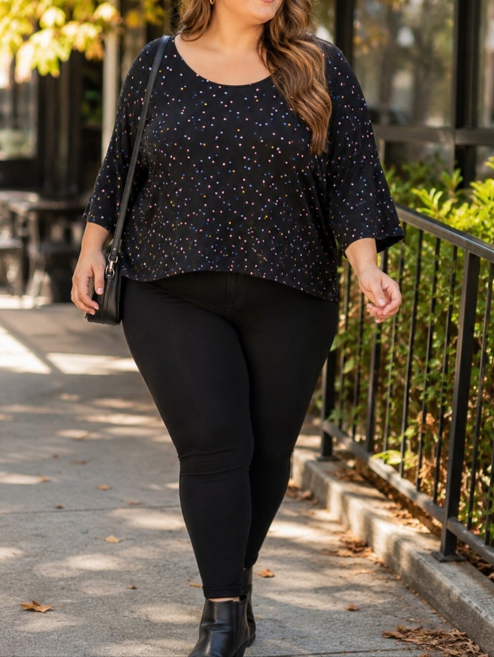 In Every Story Plus Size Black Multicolor Polka Dot Cotton Blend Casual Top